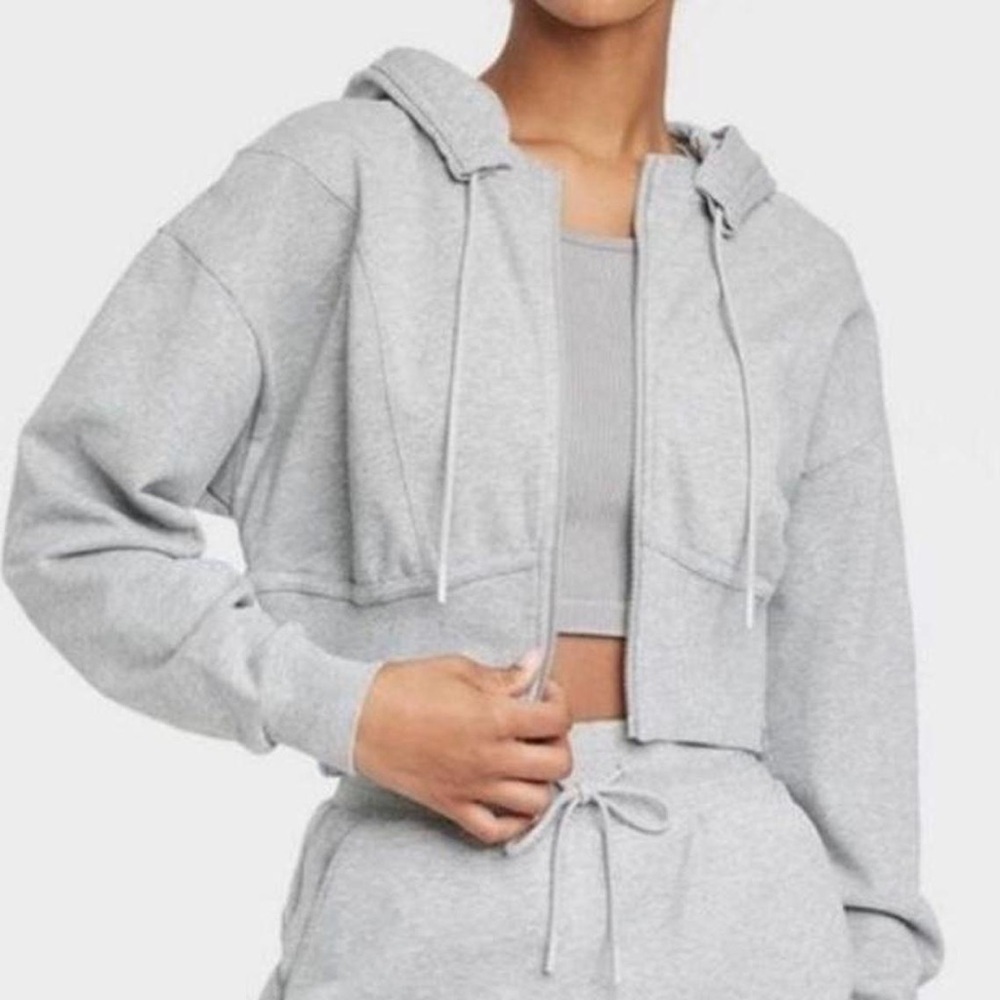 JoyLab Cropped Zip Hoodie Heather Gray French Terry Medium
